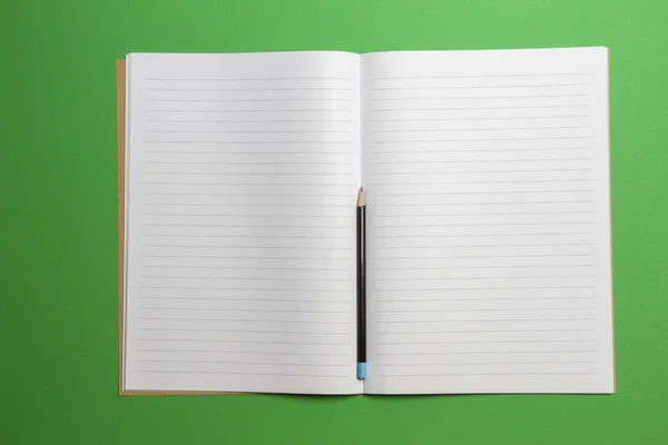 Üres megnyitott csíkos jegyzetfüzet ceruzával zöld háttér. Szemközti nézet — Stock Fotó