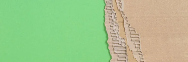 Brown papelão ondulado moldura borda irregular no fundo verde — Fotografia de Stock