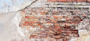Eski illüstrasyon kırmızı tuğla duvar soyulmuş beyaz bej sıva arka plan ile. Vintage retro alçı duvar kirli kırık çizik doku arka plan ile