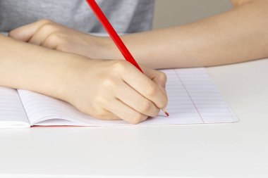 Çocuk el defteriboş sayfaya karşı kırmızı kalem tutan