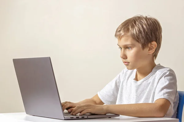 Menino sentado na mesa e usando computador portátil — Fotografia de Stock