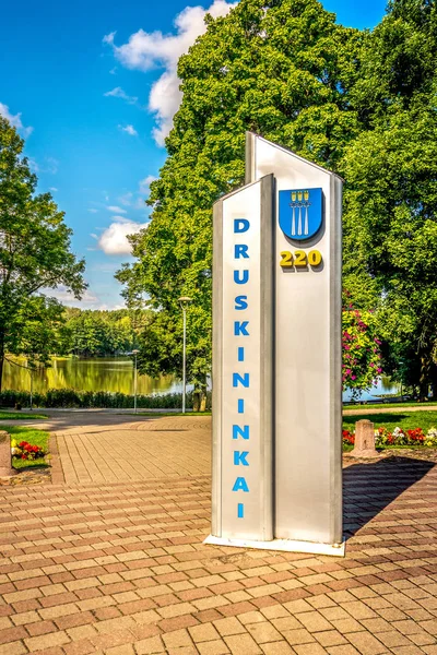 Druskininkai city sign and view to Druskonis lake in Druskininkai city, Lithuania