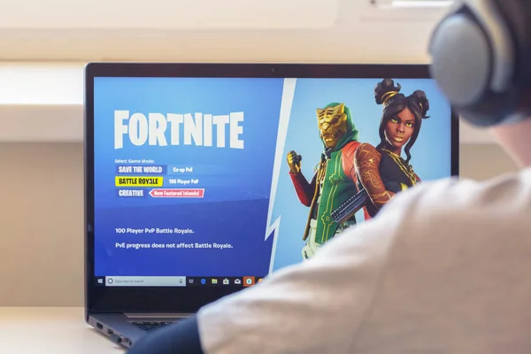 Vilnius, Litvanya - 2 Temmuz 2019: Fortnite oyunu oynayan çocuk. Fortnite Epic Games tarafından geliştirilen online video oyunu