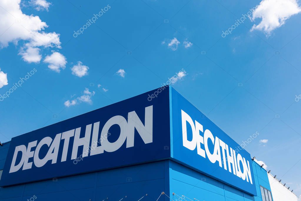 Vilnius, Lithuania July 21, 2019 Decathlon sign on a store wall. Decathlon is largest sporting goods retailer in the world.