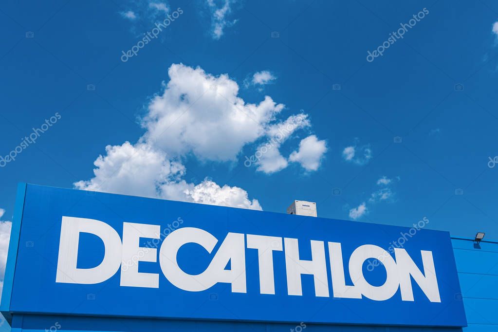 Vilnius, Lithuania July 21, 2019 Decathlon sign on a store wall. Decathlon is largest sporting goods retailer in the world.