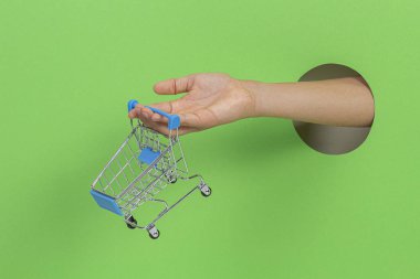 Çocuk el açık yeşil arka plan üzerinde delik üzerinden boş mini alışveriş arabası dokunmadan