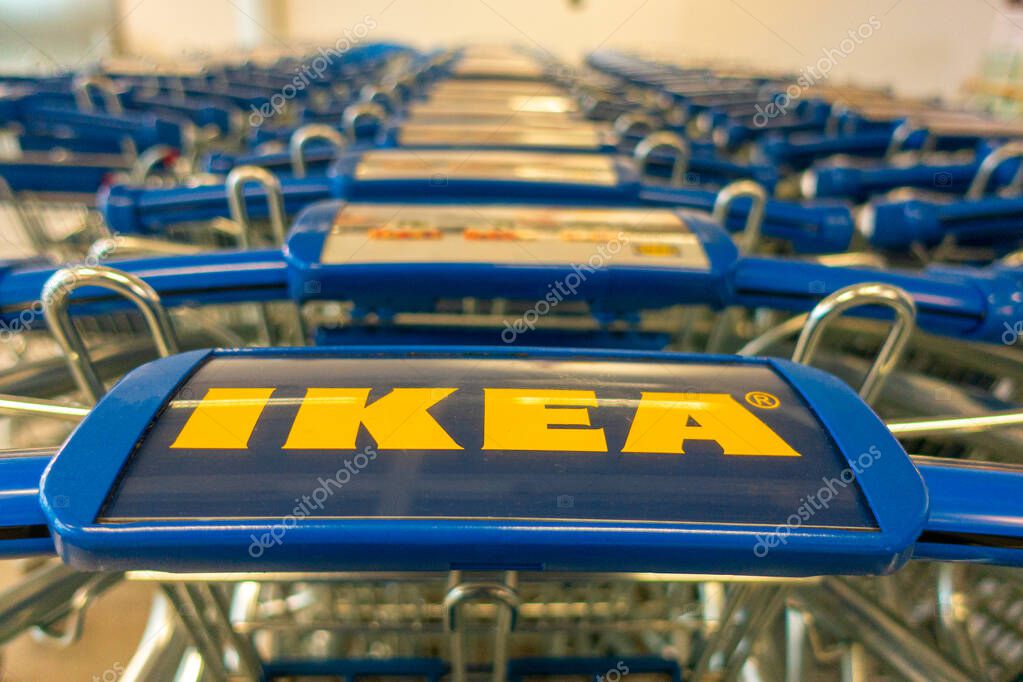 Vilnius, Lithuania - 1 October 2019: Ikea shopping carts in a row.
