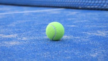 Ağ kenarındaki kortta bir tenis topu, açık hava antrenmanı, sağlıklı ve sportif yaşam tarzı, yakın çekim.