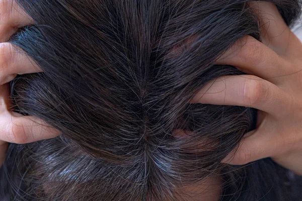 Volverse gris. Mujer con pelos oscuros muestra sus raíces de pelo gris — Foto de Stock