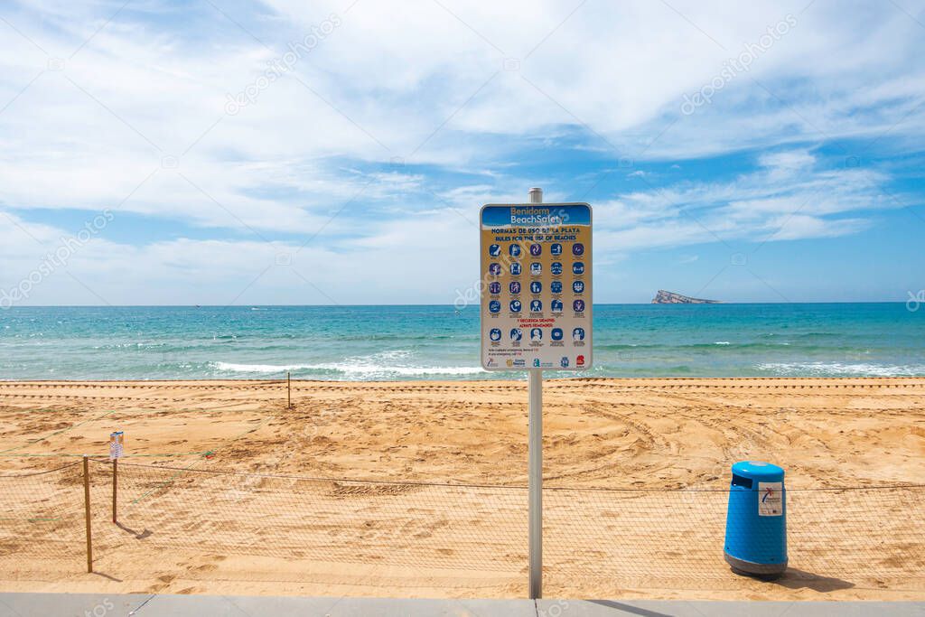 Beaches in Benidorm are ready to open up with new rules. Empty closed beaches due to the Coronavirus pandemic quarantine