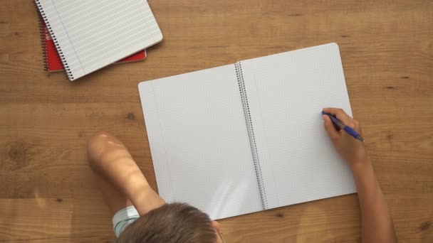 Egy gyerek ül az asztalnál nyitott jegyzetfüzetekkel és tollal kopogtat. Oktatás, tanulási nehézségek, iskolai házi feladat, otthoni tanulás — Stock videók
