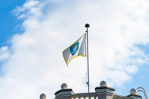 Druskininkai, Lituania, 14 de agosto de 2020. Bandera de Druskininkai municipio sobre fondo azul cielo en Druskininkai Lituania — Foto de Stock