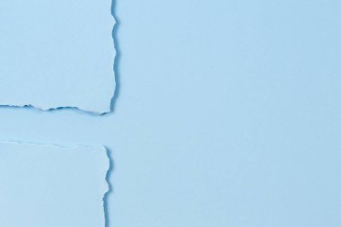 Soyut tek renkli arkaplan. Açık mavi arka planda yırtık kağıt parçaları. Üst görünüm