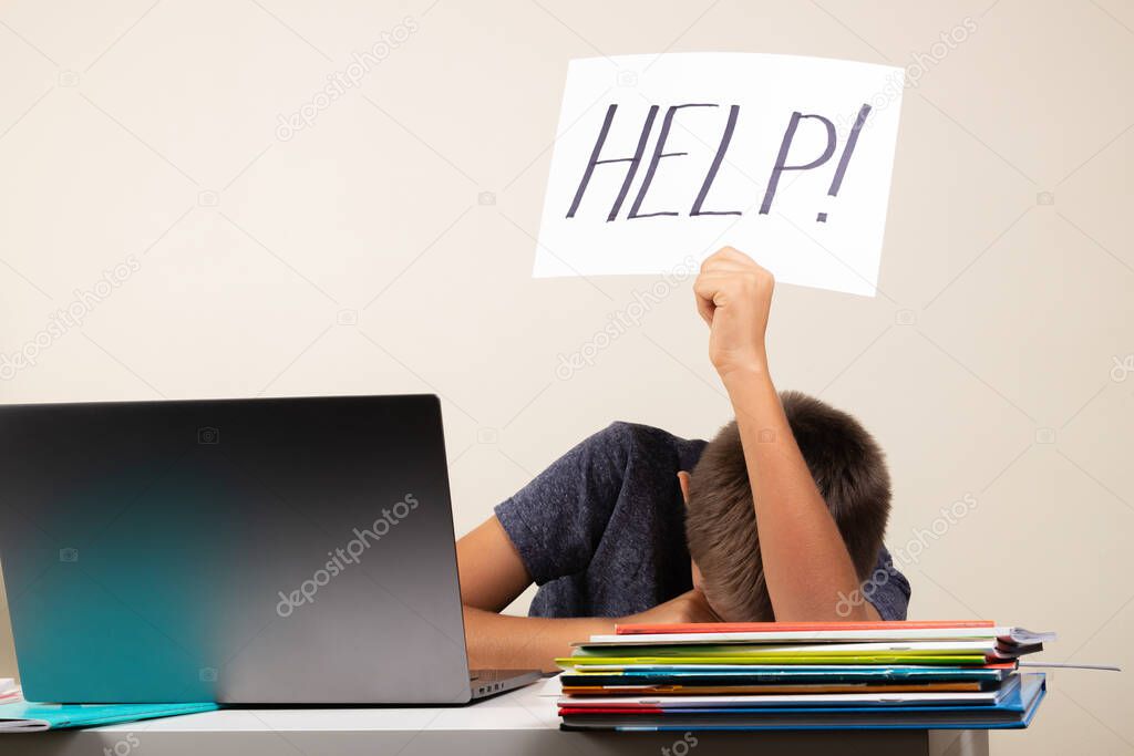 Learning difficulties, school, education, online remote learning concept. Sad kid with laptop computer holding card with Help word