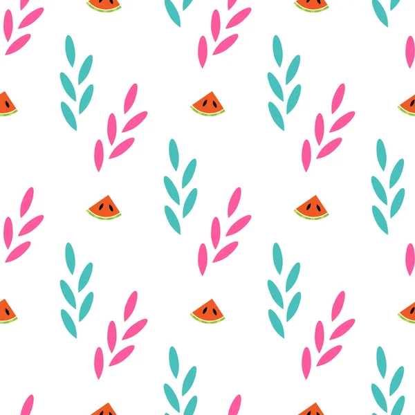 Yaz Dikişsiz desen soyut bitki ve karpuz dilimleri. Vektör arka plan