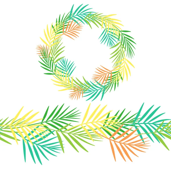 Renkli soyut tropikal kesintisiz yatay kalıp bırakır. Sebze yuvarlak çerçeve. Vektör illüstrasyon izole. Düz