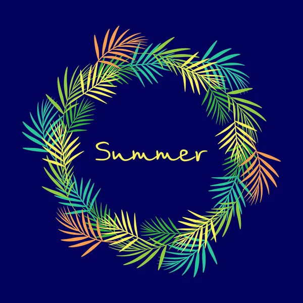 Soyut tropikal yuvarlak çerçeve içinde düz stil mavi zemin üzerine bırakır. Summer.Vector illüstrasyon