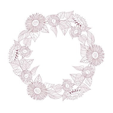 Çelenk sonbahar çiçek-ayçiçeği. Yuvarlak kare. Çizgi çizme. Elle çizilmiş vektör.