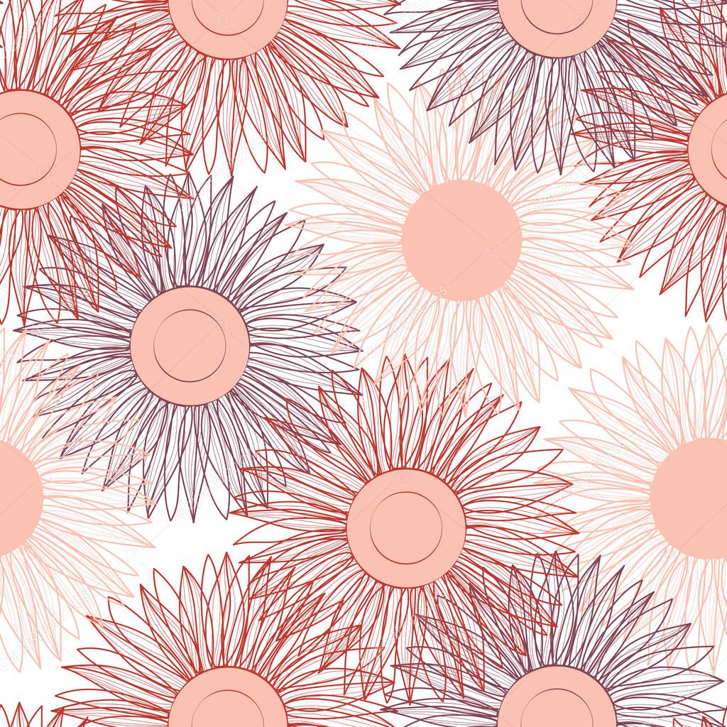 Seamless floral pattern. Autumn background of sunflowers. Line drawing. Hand drawn vector.
