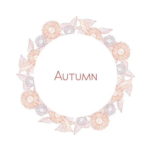 Wreath of autumn flowers-sunflowers. Round frame. Line drawing. Hand drawn vector.