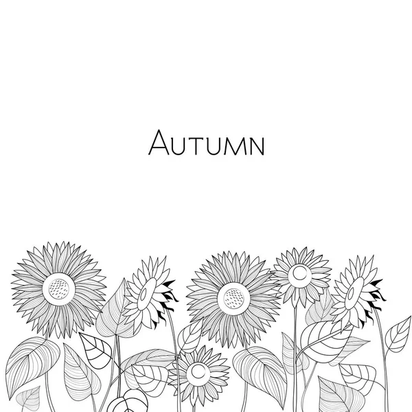 Cartão de outono de girassóis. Ilustração vetorial em preto e branco . — Vetor de Stock