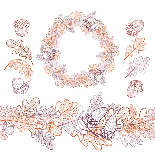 Yuvarlak kare, meşe palamutları ve meşe yaprağı sorunsuz sınır. Beyaz bir arka plan üzerinde nesneleri kümesi. Sonbahar çizgi çizme. Vektör