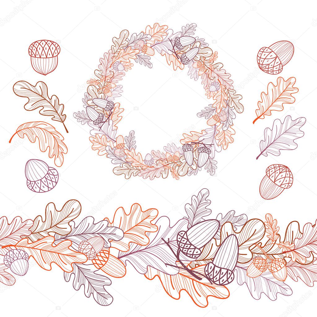 Round frame, seamless border of oak leaves and acorns. Set of objects on a white background. Autumn line drawing. Vector