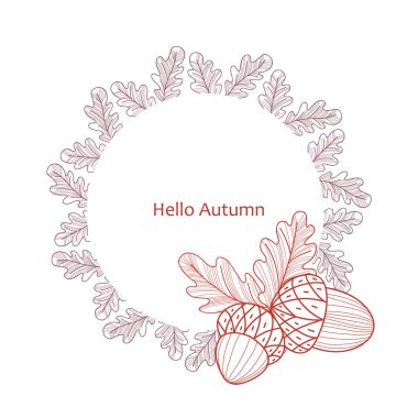 Yuvarlak kare beyaz arka plan üzerinde meşe palamutları ve meşe yaprağı. Sonbahar çizgi çizme. İzole vektör