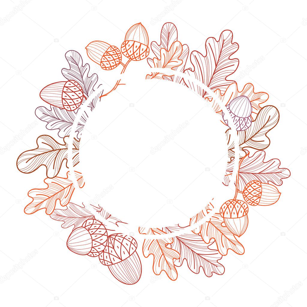 Round frame of oak leaves and acorns on white background. Autumn line drawing. Isolated Vector