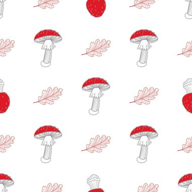 Dikişsiz desen sinek agarics ve meşe yaprağı. Simetrik arka plan. Doodle halat