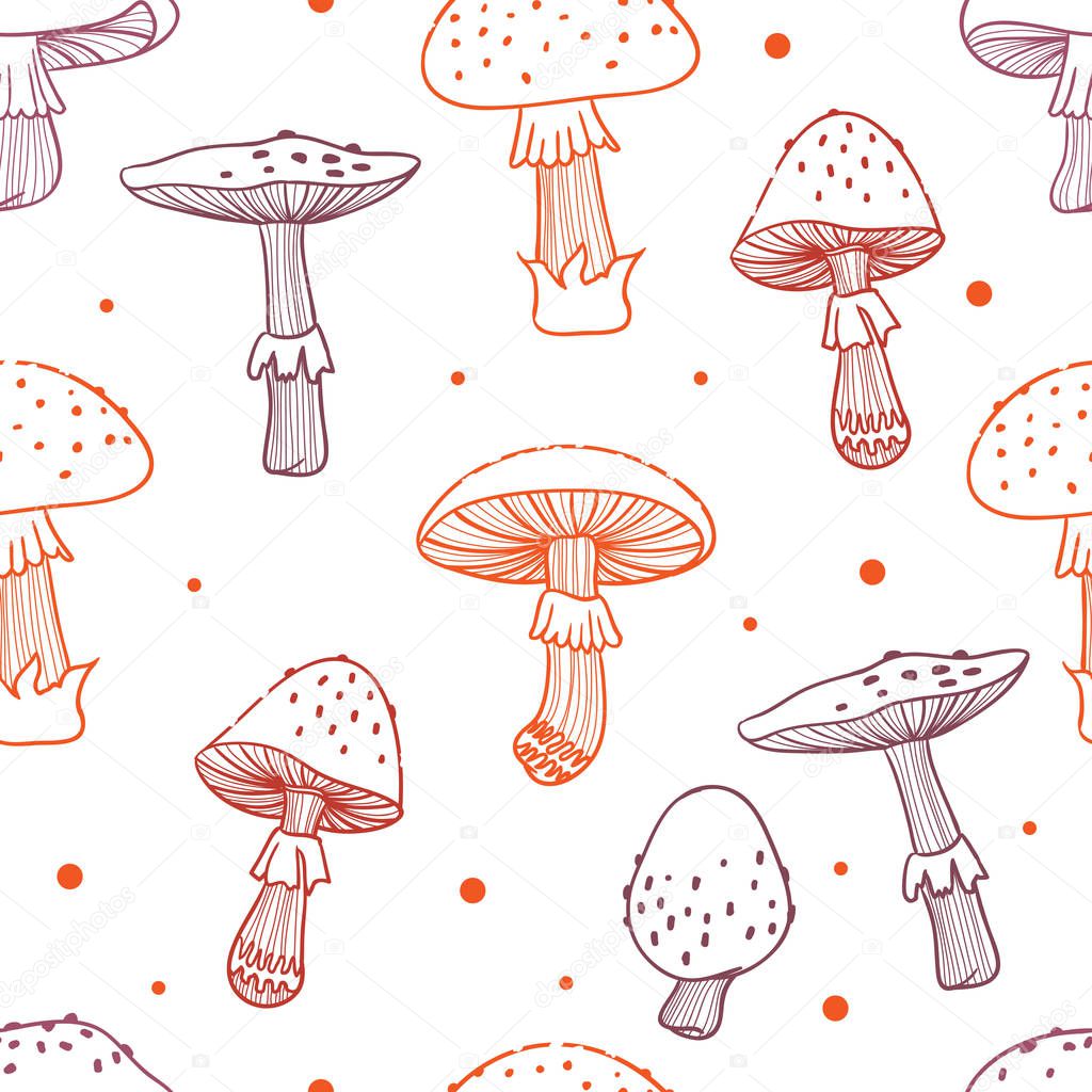 Seamless pattern of mushrooms, toadstools with dots. Linear hand-drawn illustration. Doodle vector
