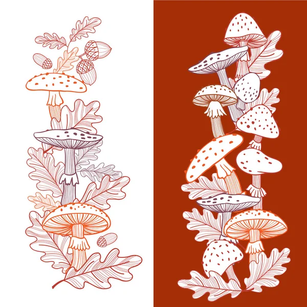 Φθινόπωρο καρτ ποστάλ των μανιταριών, μύγα agarics και δρύινα φύλλα. Γραμμική απεικόνιση. Χέρι. — Διανυσματικό Αρχείο
