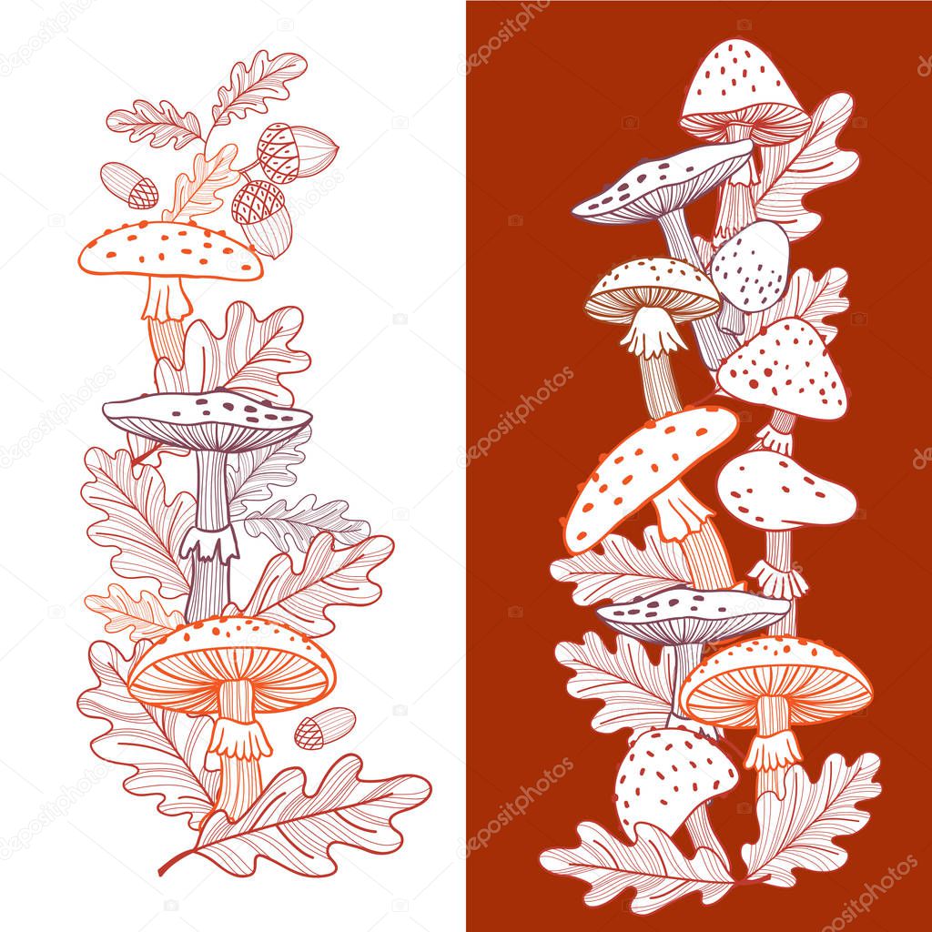 Autumn postcard of mushrooms, fly agarics and oak leaves. Linear illustration. Hand-drawn.