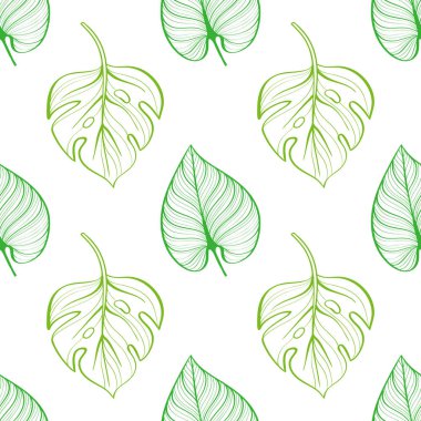 Seamless modeli üzerinde açık renkli tropikal yaprak. Çizim için çizilmiş. Yaz desen siluetleri
