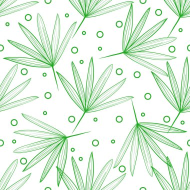 Dikişsiz desen noktalar ve daireler ile hafif bir arka plan üzerinde tropikal yaprak. Çizim için çizilmiş. Yaz desen