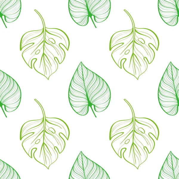 Seamless pattern of tropical leaves on light background. Hand-drawn line drawing. Summer pattern of silhouettes — Stock Vector