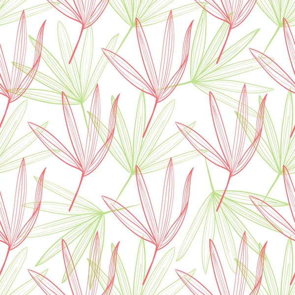 Patrón inconsútil de hojas tropicales sobre fondo claro. Dibujo de línea dibujado a mano. Patrón de verano de siluetas — Archivo Imágenes Vectoriales