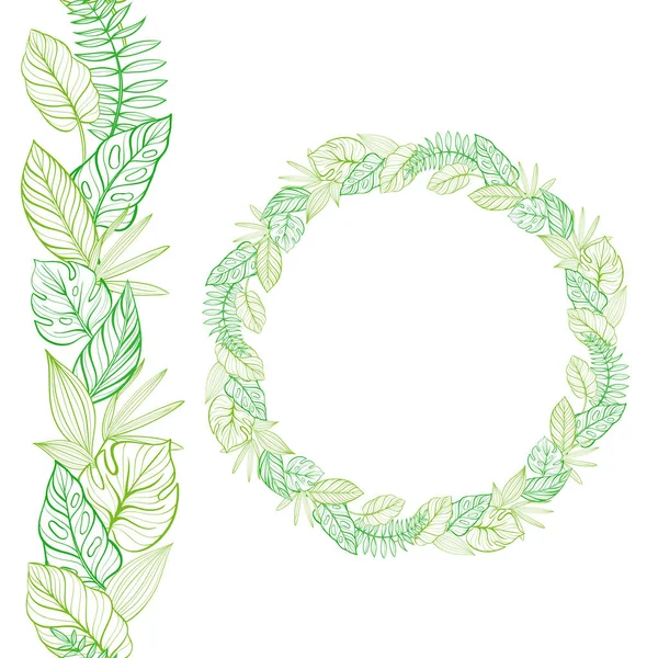 Sorunsuz sınır ve yuvarlak çerçeve kümesi. Tropikal yaprak çizilmiş. Şablon. Vektör çizim