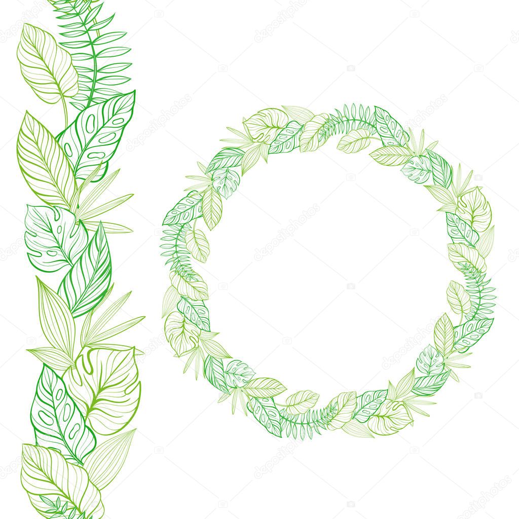 Set of seamless border and round frame. Hand-drawn tropical leaves. Template. Vector illustration