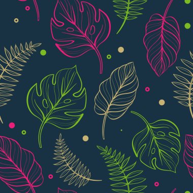 Nokta ve daireler ile tropikal yaprakları ile sorunsuz çiçek desenli. Çizgi çizme. Resimde çizilmiş.