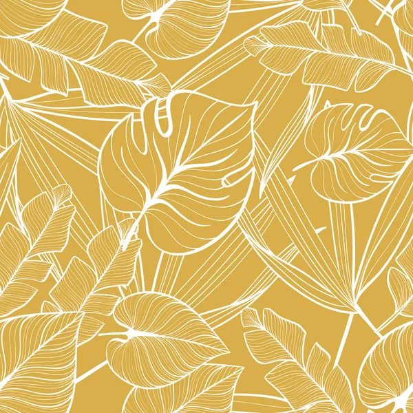 Nahtloses Blumenmuster mit tropischen Blättern. Linienzeichnung. Handgezeichnete Illustration. — Stockvektor