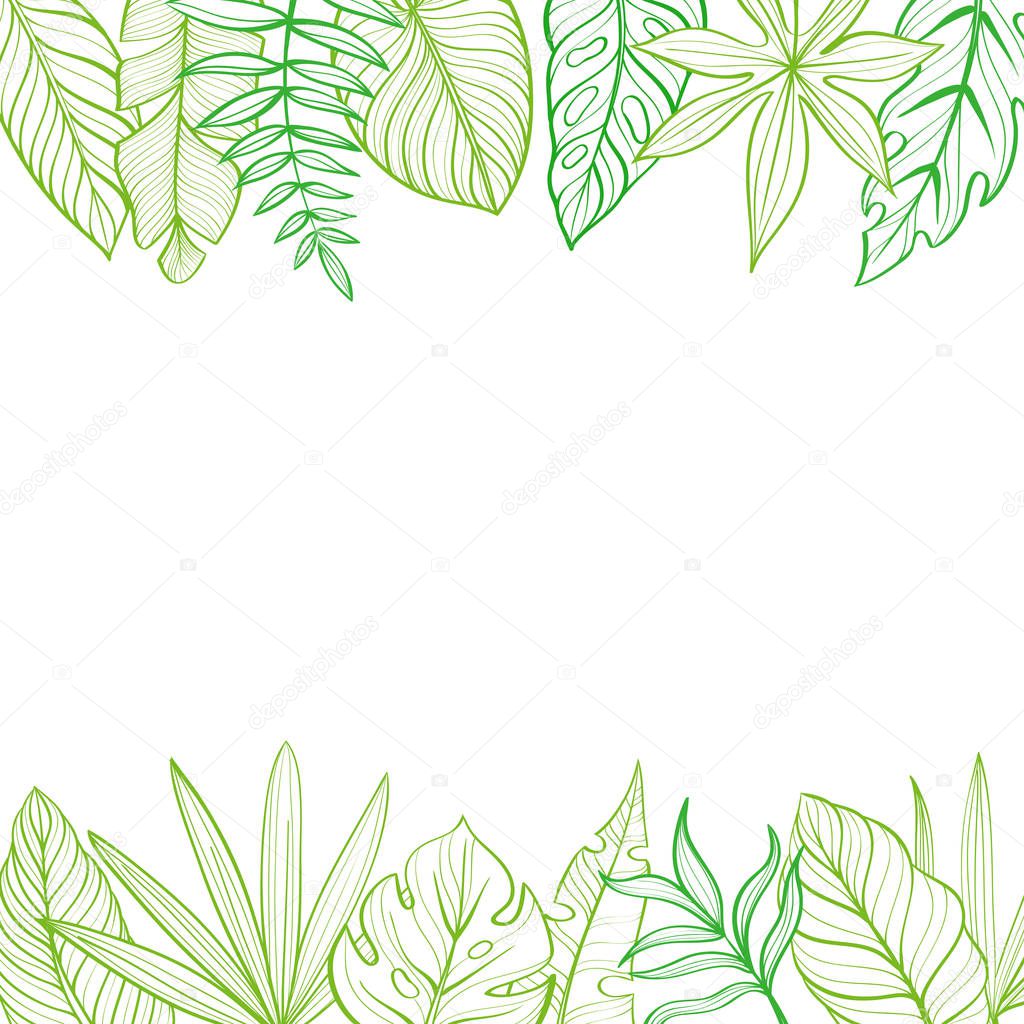 Frame with tropical leaves. Postcard. Hand-drawn illustration. Line drawing