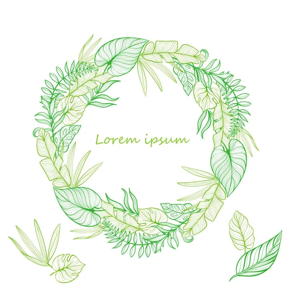 Yuvarlak kare tropikal yaprakları ile. Senin kartpostal için şablon. Doğrusal resimde çizilmiş.