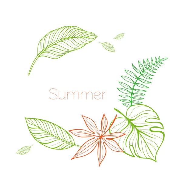 Postcard template with tropical leaves. Linear illustration. Hand-drawn picture. Vector — Stock Vector