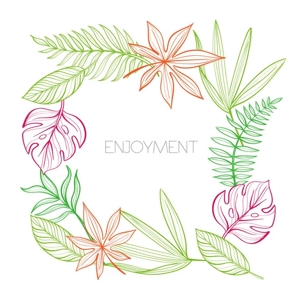 Tropikal yaprak kartpostal şablonu. Keyfi. Doğrusal illüstrasyon. Resim çizilmiş. Vektör