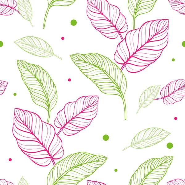 Seamless floral pattern with tropical leaves. Line drawing. Hand-drawn illustration. — Stock Vector