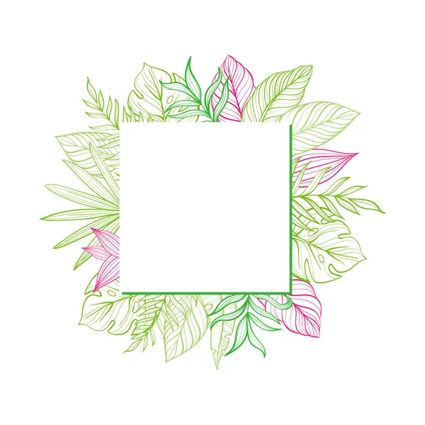 Plantilla postal con hojas tropicales. Ilustración lineal. Cuadro dibujado a mano. Vector — Vector de stock