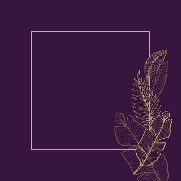 Karanlık bir arka plan üzerinde tropikal Altın yaprakları ile Çerçeve. Kartpostal. Elle çizilmiş illüstrasyon. Çizgi çizimi