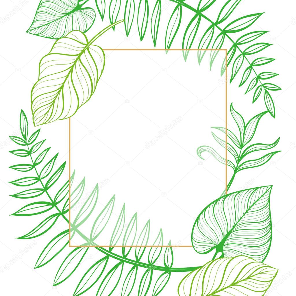 Frame with tropical leaves. Postcard. Hand-drawn illustration. Line drawing