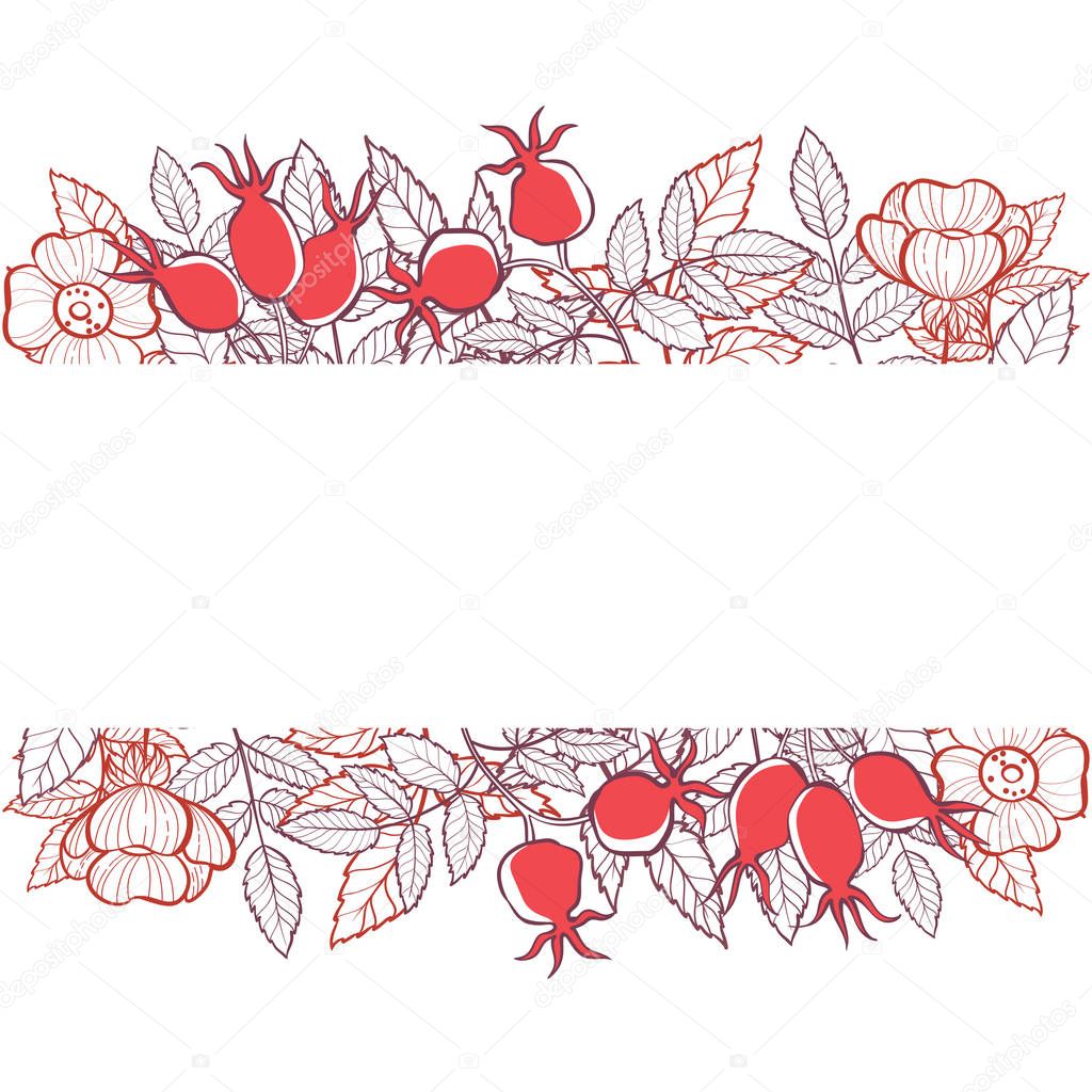 Frame of berries and leaves of wild rose. Stylized card for your design. Hand-drawn illustration. Vector.